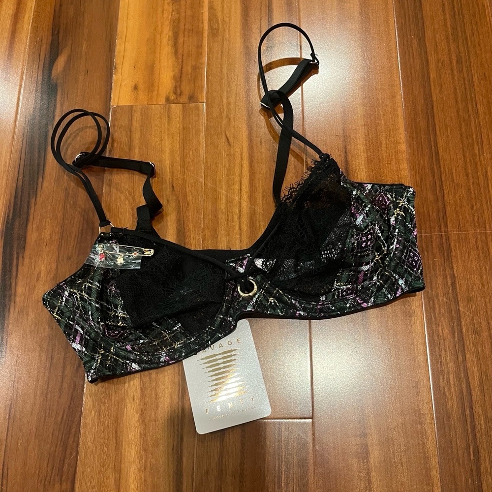 New NWT Savage x Fenty Black Plaid Bra Lace Underwire Intimates Lingerie 32C